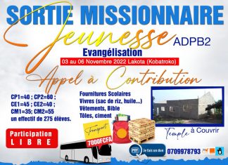 Jeunesse : sortie missionnaire à kobatroko/Lakota du 03/11 au 06/11/2022